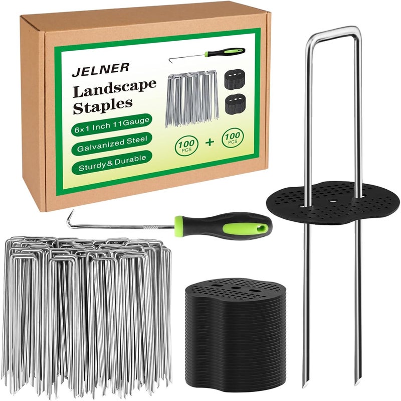 JELNER Garden Stakes,6 Inch 11 Gauge 100pcs Galvanized Landscape Staples + 100pcs Gaskets + 1Pick Hook, Tent Stakes Landscaping Fabric SOD Pins for Weed Fabric Barrier,Groud Cover,Fence - Image 1